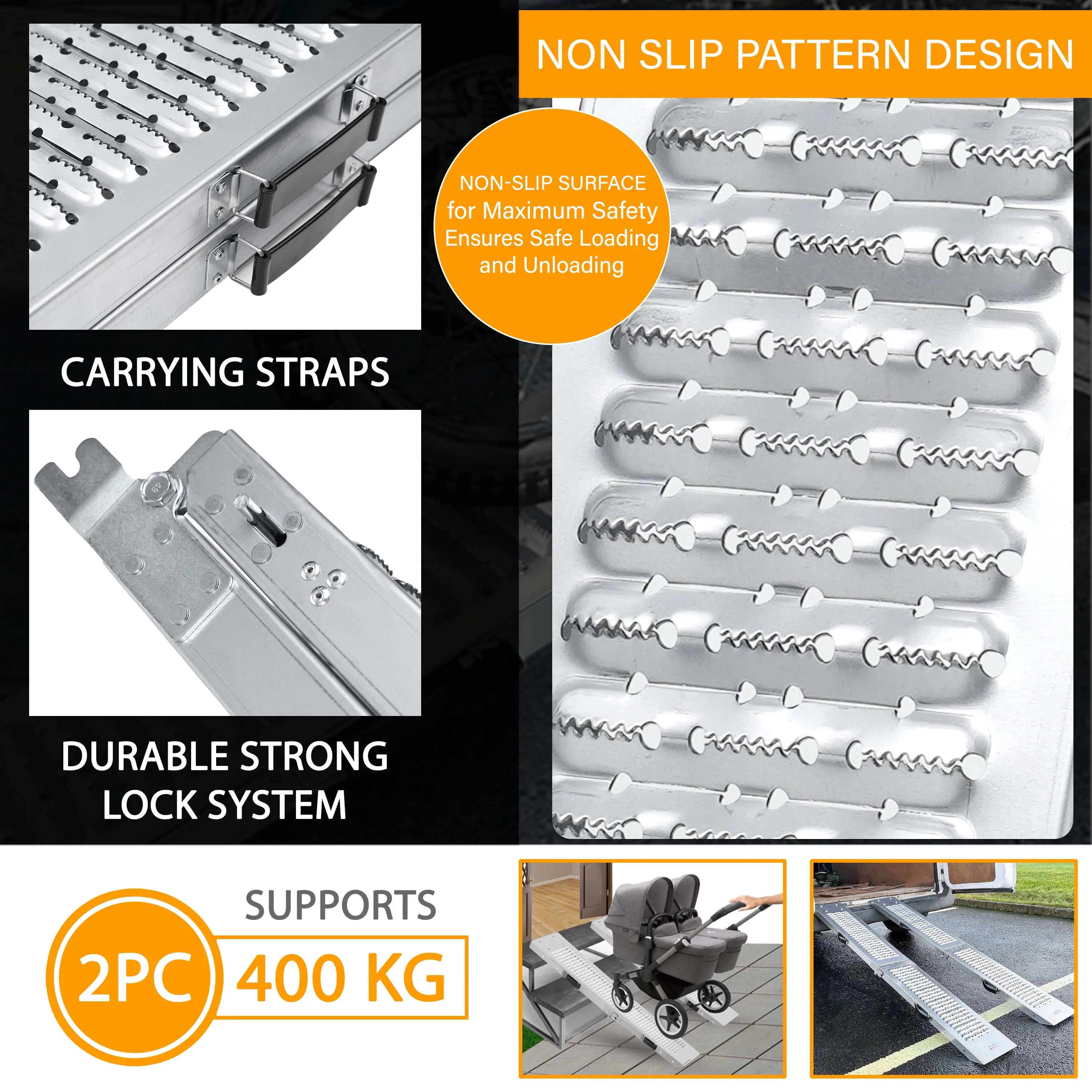 2 Pack Folding Steel Loading Ramps 1.8m 500kg Capacity - Mobility Buy