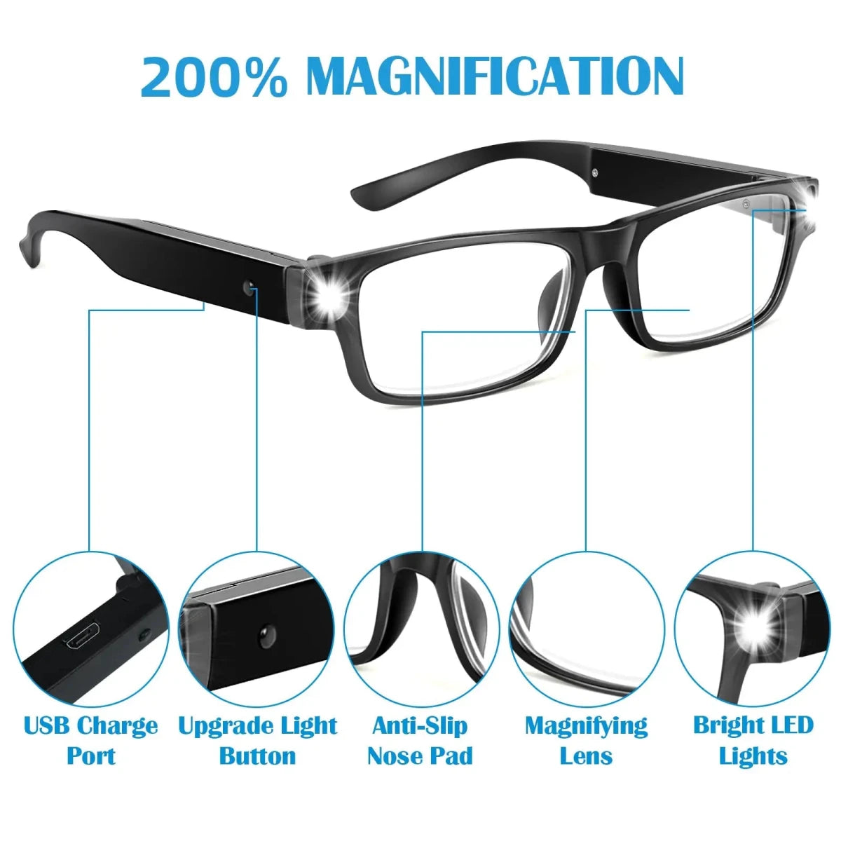 200% magnifying glasses with lamp, USB rechargeable LED - Mobility Buy