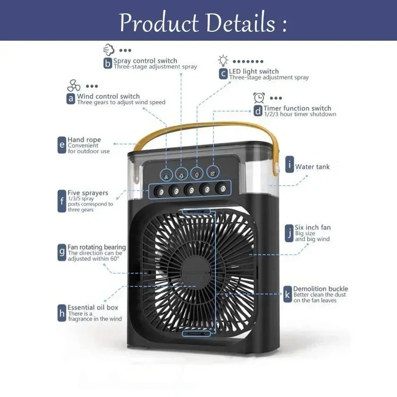 3 In 1 Portable Air Cooler Humidifier Fan With LED Night Light USB - Mobility Buy