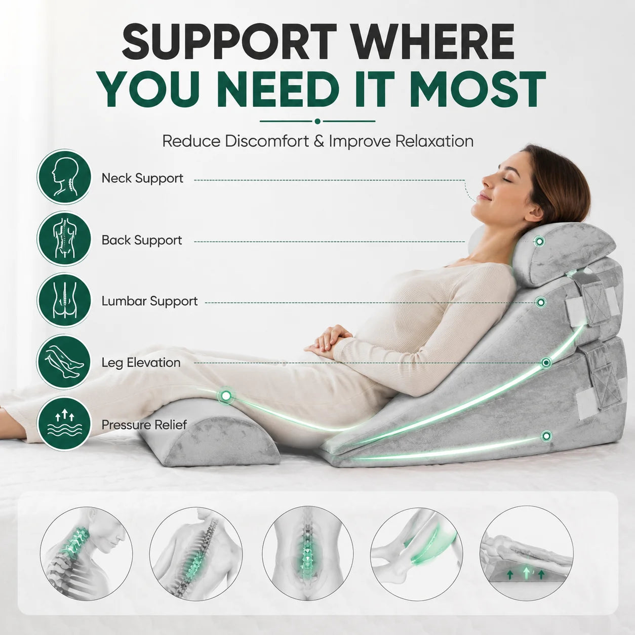 4 Piece Adjustable Wedge Pillow Set for Multi Angle Bed Ergonomic Sleep Support - Mobility Buy