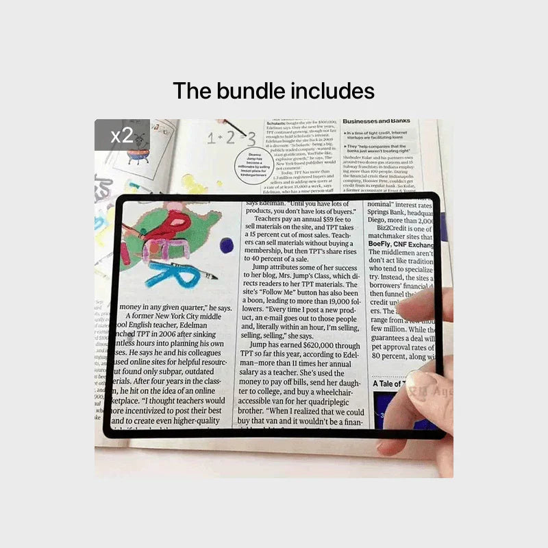 Black frame ultra-thin magnifying glass, A4 full-page size, ideal for large print viewing.