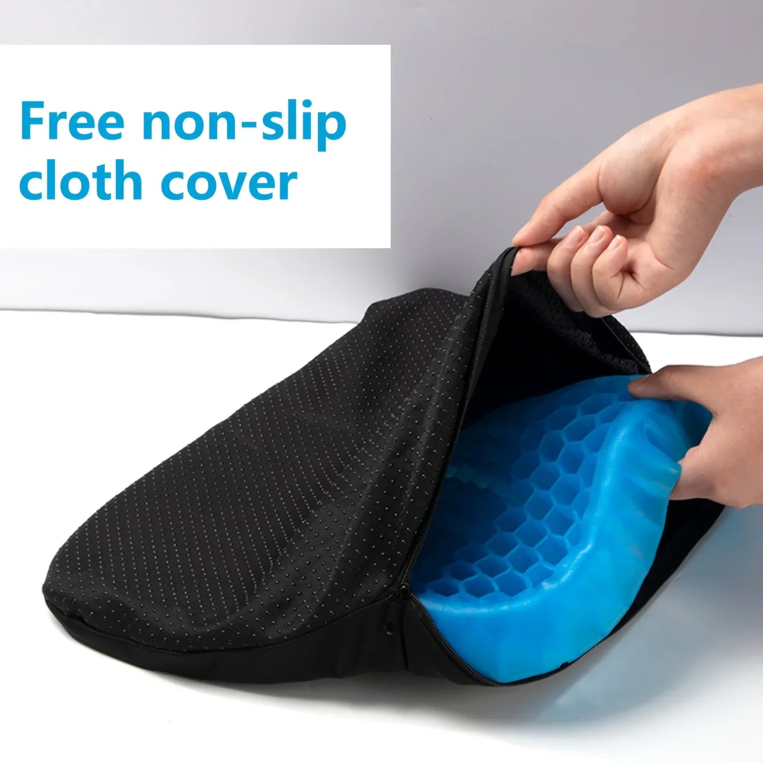 Water-resistant gel wheelchair cushion with breathable honeycomb design for enhanced comfort and support.
