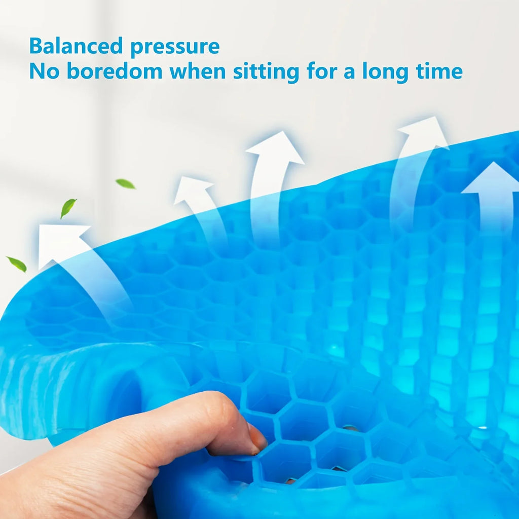 Water resistant gel seat cushion with breathable honeycomb design, perfect for wheelchair comfort and support.