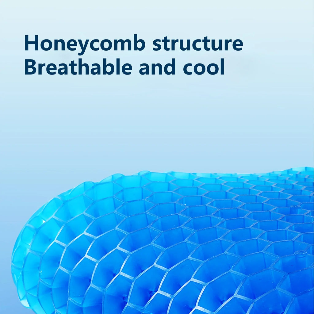 Water resistant gel wheelchair cushion with breathable honeycomb design for comfort and support.