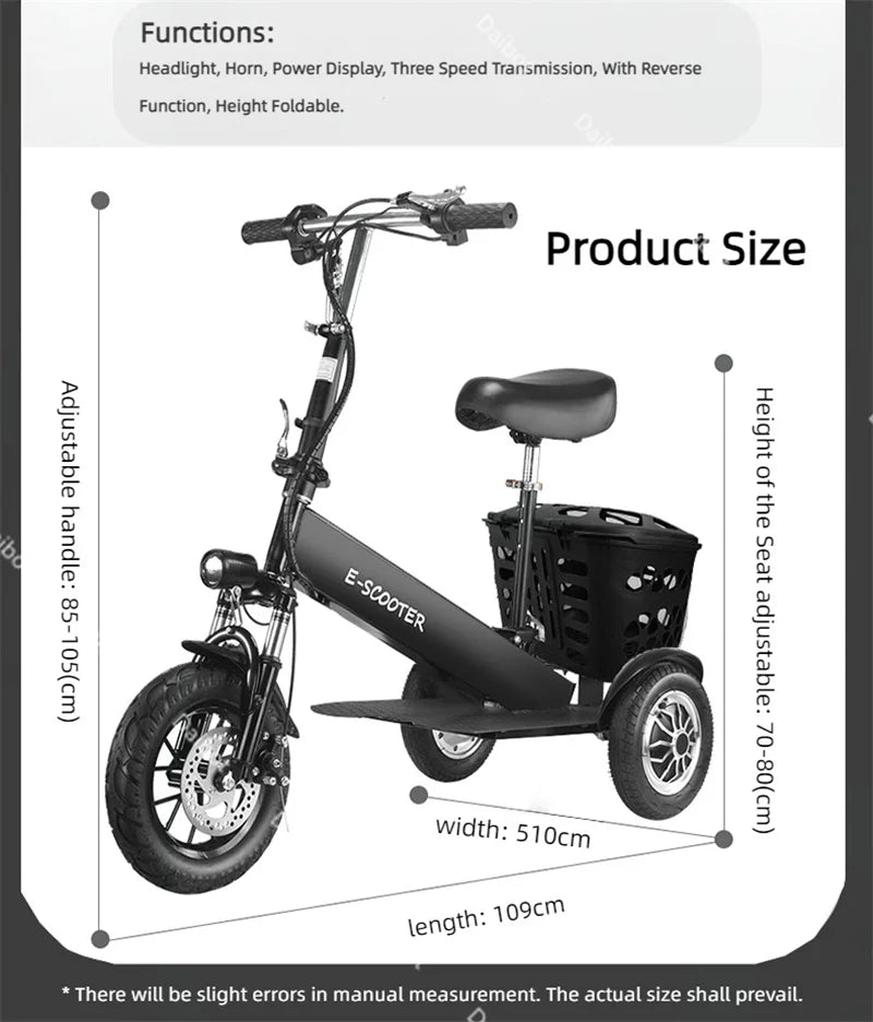 Foldable Mini Electric Tricycle For Women With Toddler Seat 500W 36V Basket - Mobility Buy
