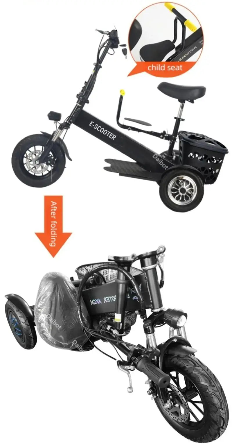 Foldable Mini Electric Tricycle For Women With Toddler Seat 500W 36V Basket - Mobility Buy