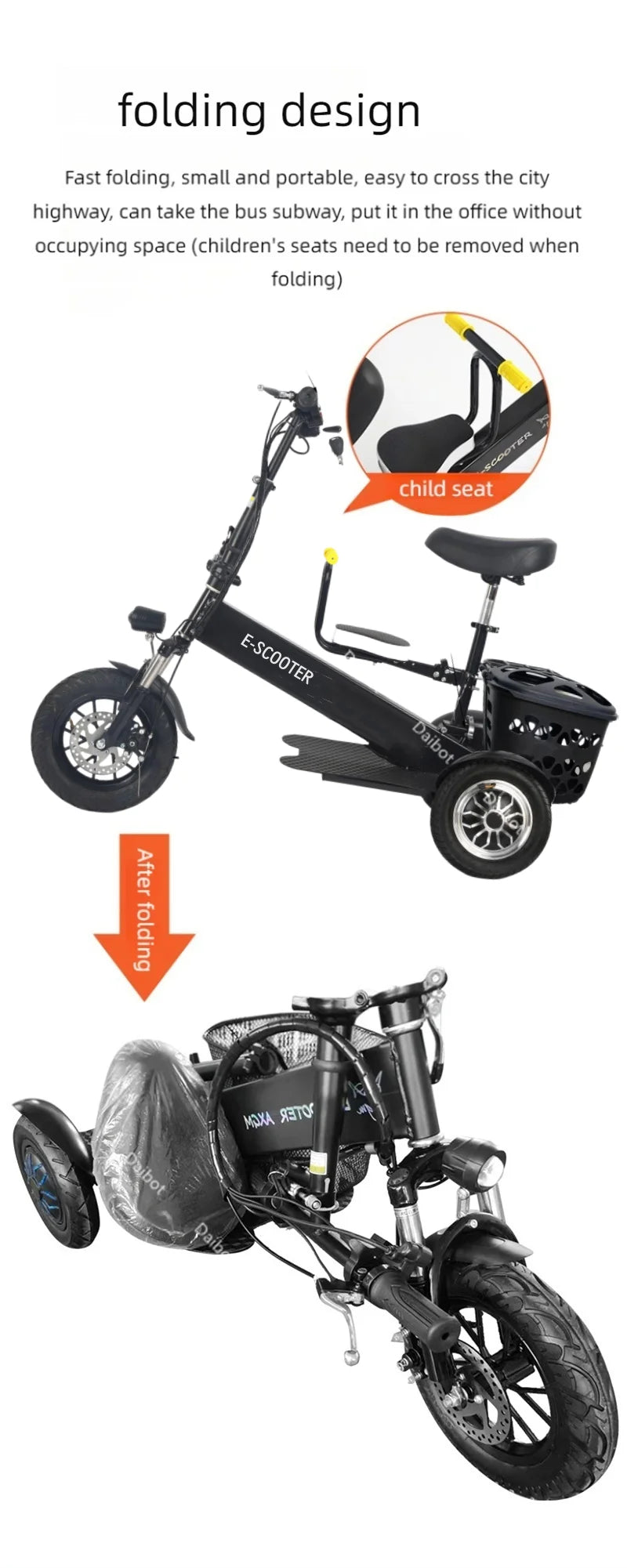 Foldable Mini Electric Tricycle For Women With Toddler Seat 500W 36V Basket - Mobility Buy