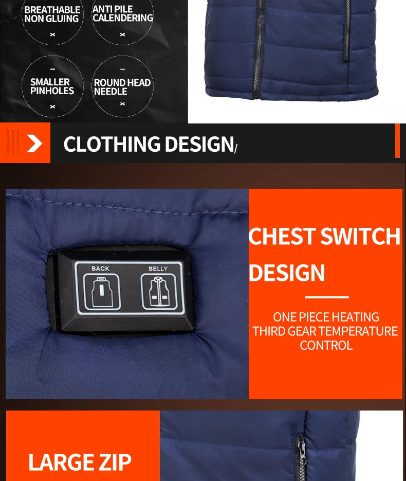 Heated electric jacket by MobilityBuy, featuring USB heating for warmth in cold weather, shown in a sleek design.
