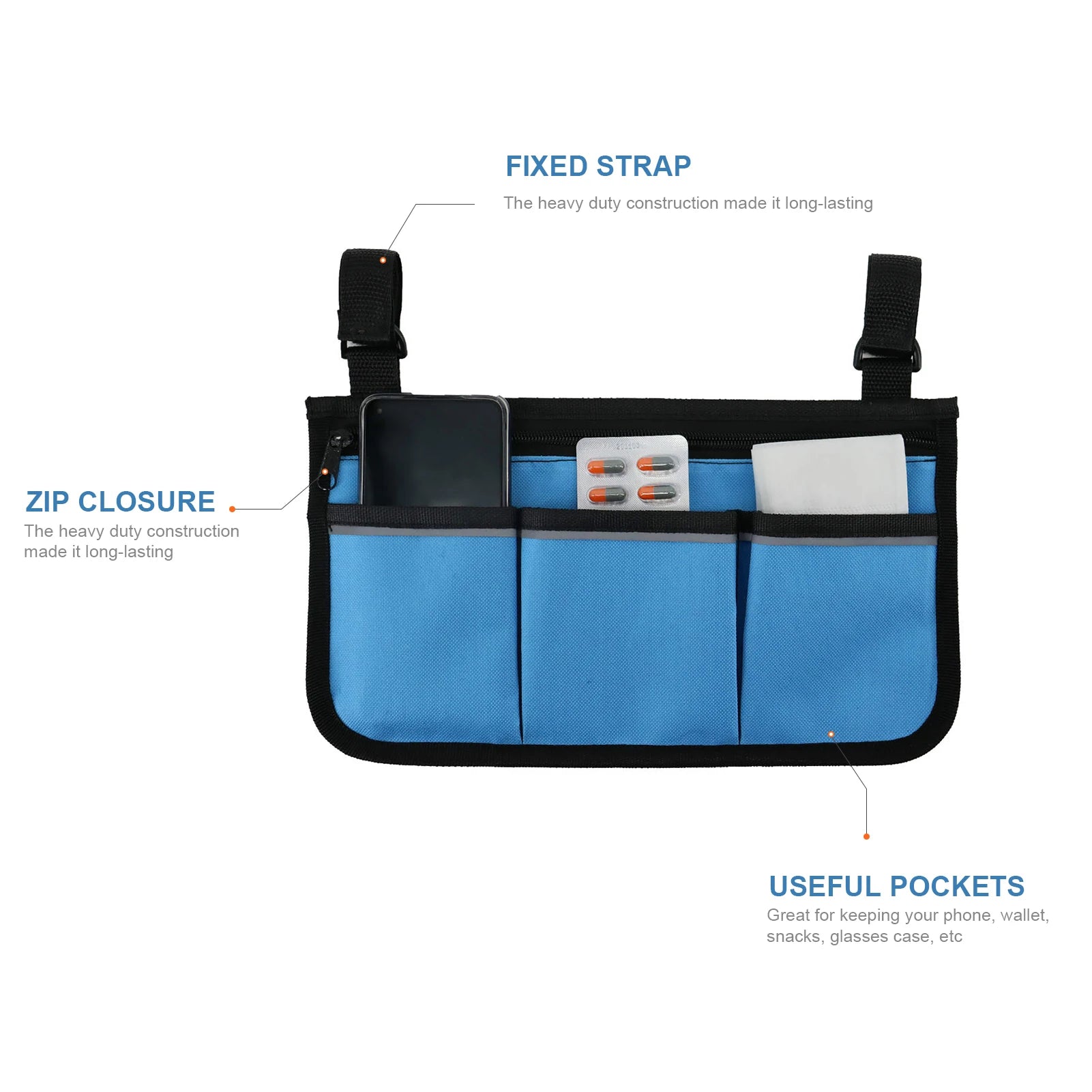 Wheelchair Bag with Pockets Reflective Strips - Side Bags pouch - MobilityBuy.com