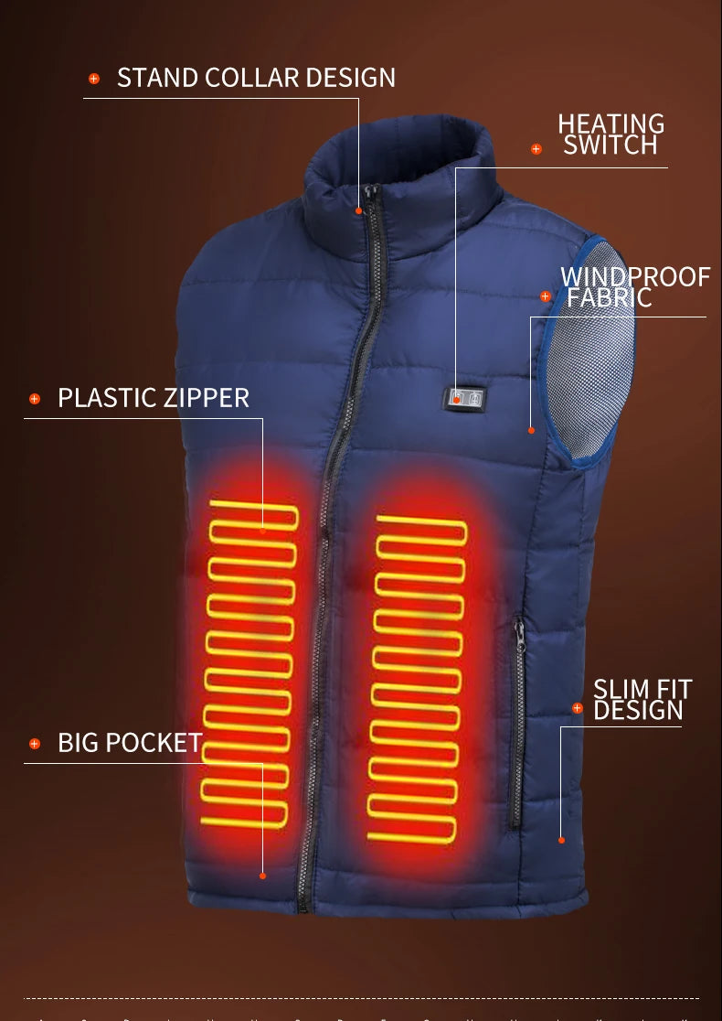 Heated electric jacket with USB heating technology, featuring a sleek design and warm insulation for cold weather.