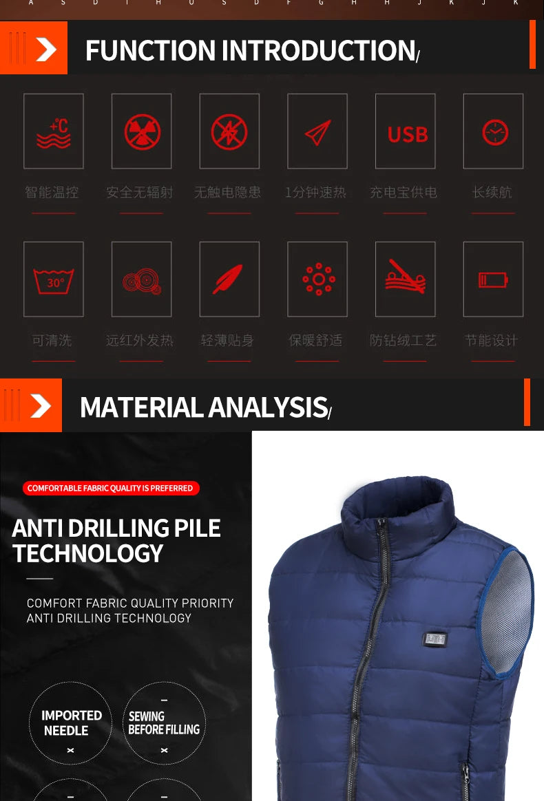 Heated electric jacket with USB heating, featuring a sleek design and warm insulation for outdoor comfort.