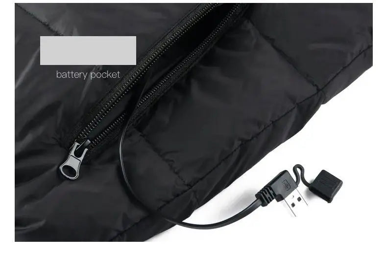 Heated electric jacket by Mobility, featuring USB heating elements for warmth in cold weather.