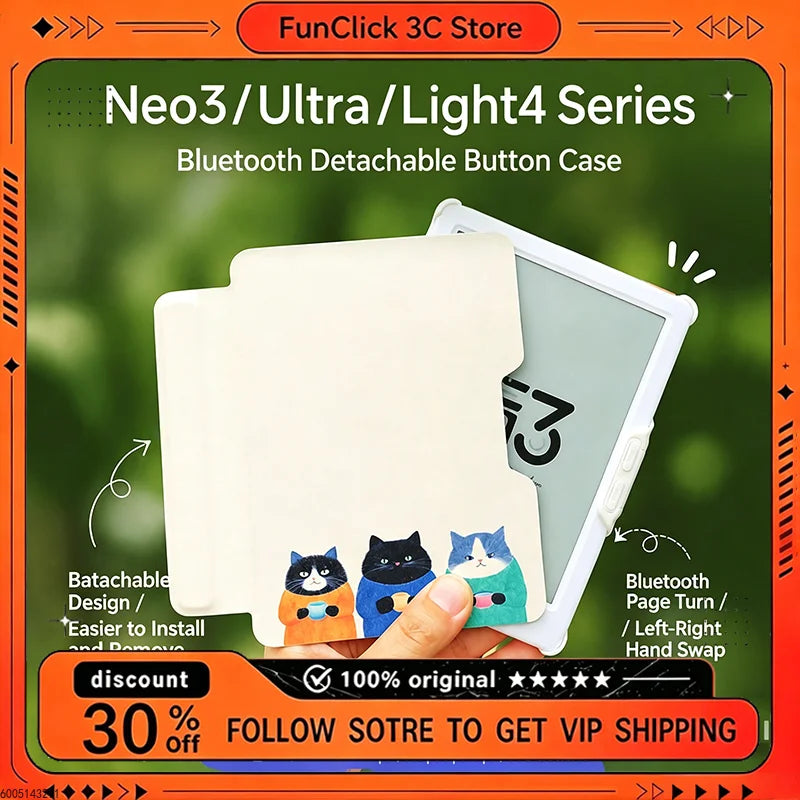Magnetic detachable Bluetooth button case by Mobility Buy for iReader Neo3/Neo3 Ultra; white cover with cat artwork