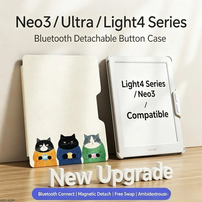 Mobility Buy Magnetic Detachable Bluetooth Button Case for Neo3/Ultra; beige cat-illustrated cover with white e-reader.