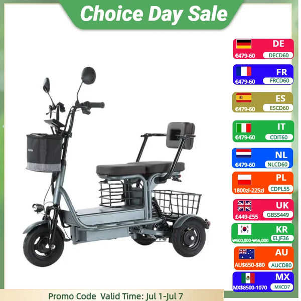 Powerful Electric Tricycle ThreeWheel For Elderly TwoSeat 800W Scooter 60Km - Mobility Buy