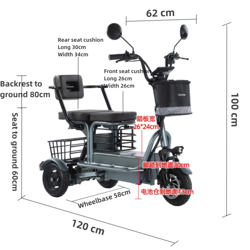 Powerful Electric Tricycle ThreeWheel For Elderly TwoSeat 800W Scooter 60Km - Mobility Buy