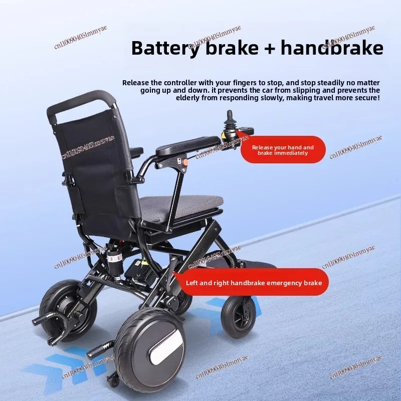 Lightweight foldable electric wheelchair for elderly and disabled, featuring automatic, portable design with intelligent controls.