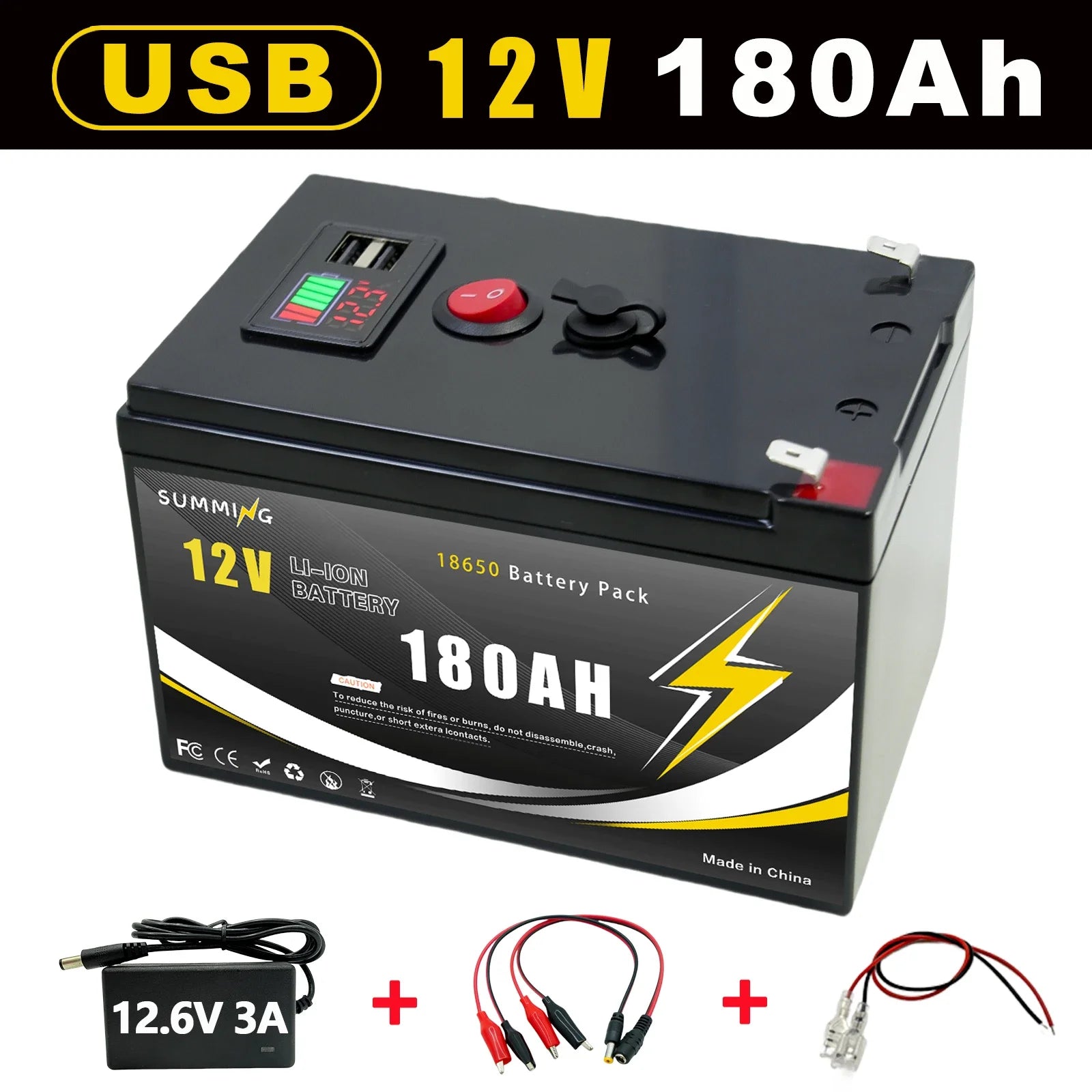 12V Lithium LiFePO4 scooter battery with USB port, featuring a compact design and robust build for mobility needs.