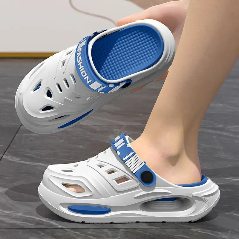 MobilityBuy.com arch-support sandals, white and blue, breathable cutouts, adjustable strap, thick cushioned sole