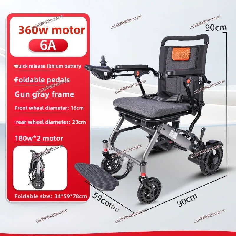 Foldable lightweight electric wheelchair for elderly and disabled, featuring automatic operation and portable design.