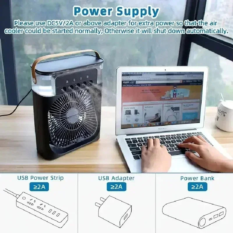 MobilityBuy 3-in-1 portable air cooler fan with LED night light, humidifier, and adjustable airflow for desk and office use