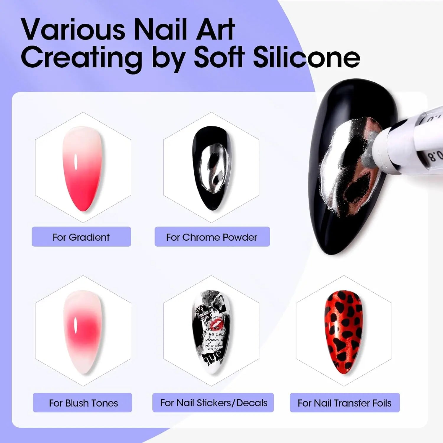 5-in-1 nail art dotting pen with multi-heads; shown on gradient pink nails and chrome powder samples