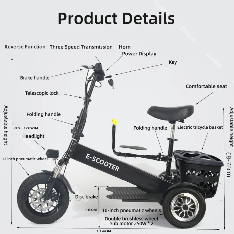 Foldable three-wheel electric tricycle with black frame and basket for adults