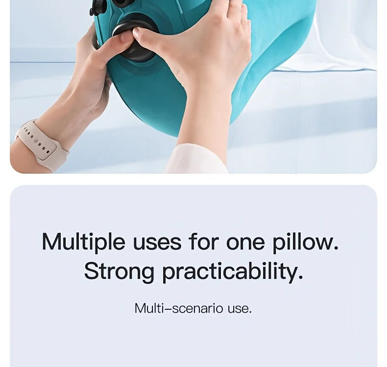 Ergonomic inflatable lumbar support pillow in teal with press-type cushion for back comfort during long flights