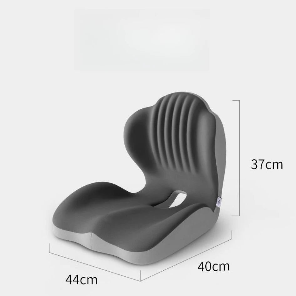 Lumbar support memory foam cushion, gray ergonomic seat with contoured backrest for posture correction.