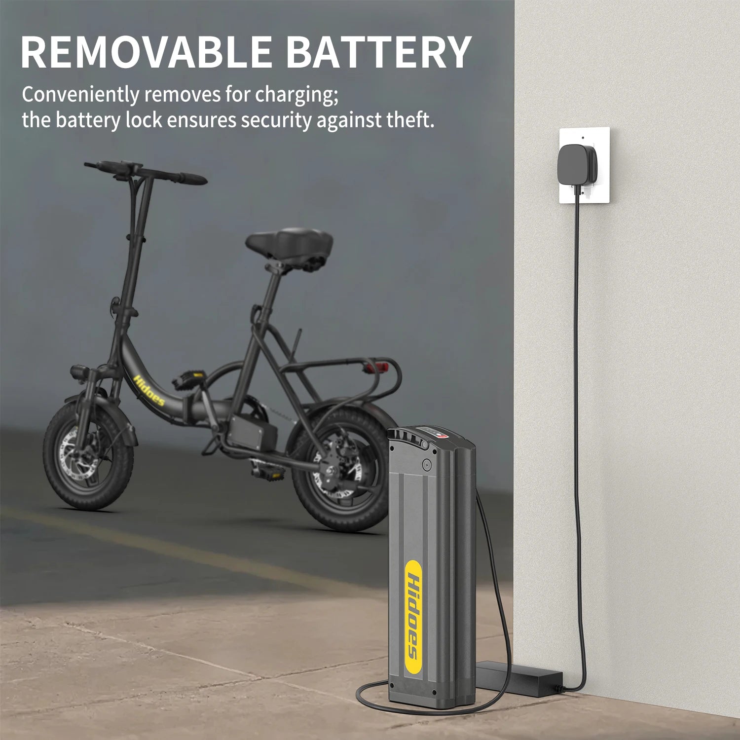 Hidoes C5 folding electric bike with removable battery, black frame, charging at Hidoes station