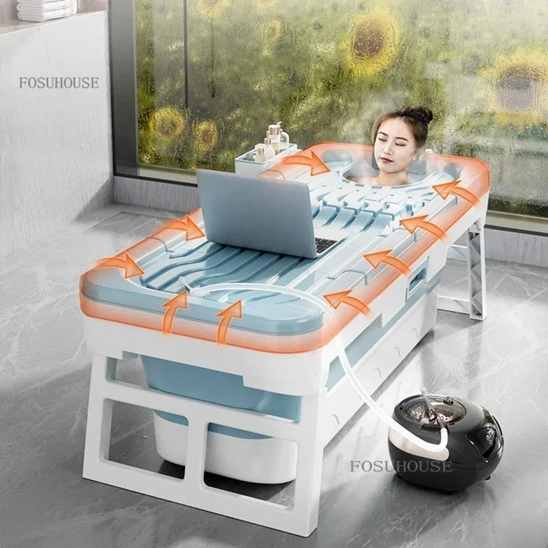 Portable folding blue plastic bathtub for adults with lid cover, ice bath spa on a white stand