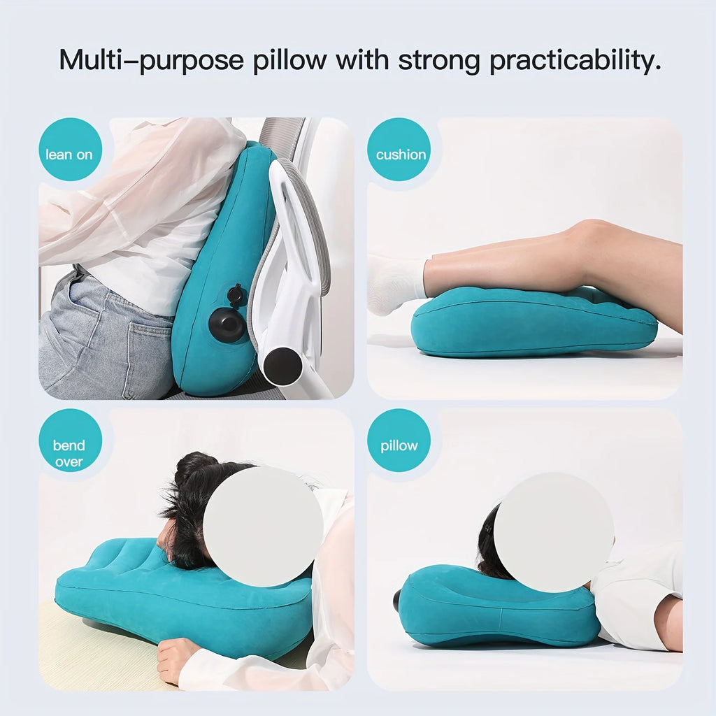 Ergonomic inflatable lumbar support pillow, teal cushion for back comfort on long flights.