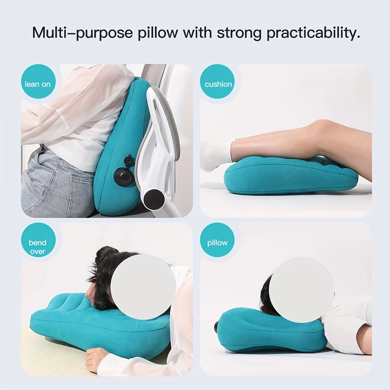 Ergonomic inflatable lumbar support pillow, teal cushion for back comfort on long flights.