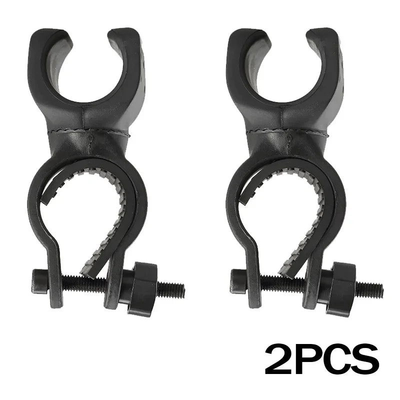 360 Degree Bicycle LED Flashlight Mount Holder attached to a walking stick, showcasing its adjustable design and secure fit.