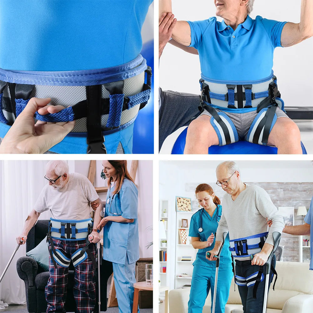 MobilityBuy.com transfer belt for elderly care; blue padded hip belt with multiple straps for bed-to-chair transfers.