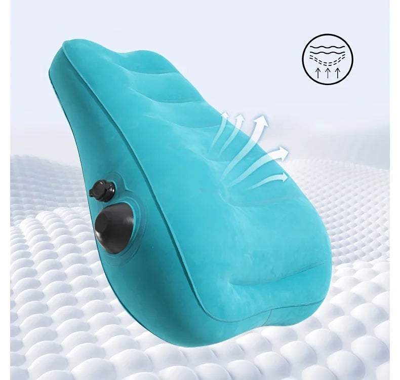 Ergonomic Inflatable Lumbar Support Pillow by MobilityBuy.com in teal with press-type valve for long-distance flights.