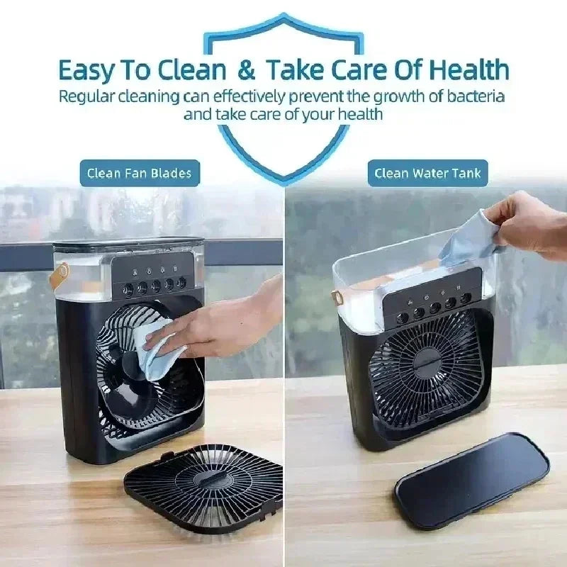 Portable air cooler fan by MobilityBuy.com with 500mL water tank, mist spray, black design for home office camping