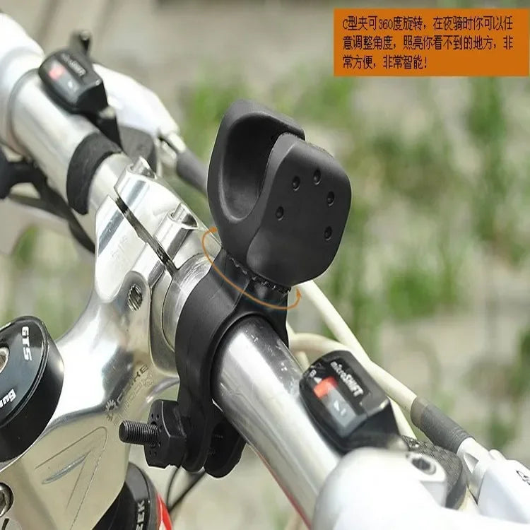 360 Degree Bicycle LED Flashlight Mount Holder, designed for walking sticks, showcasing adjustable mounting features.