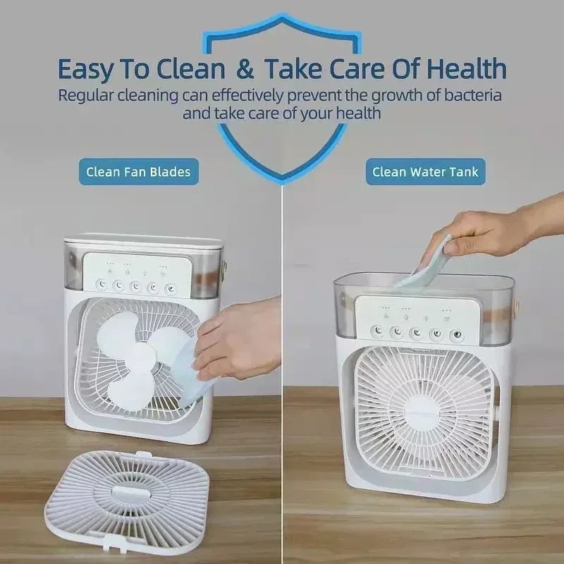 3-in-1 portable air cooler, fan, humidifier with LED night light — white compact office/home appliance