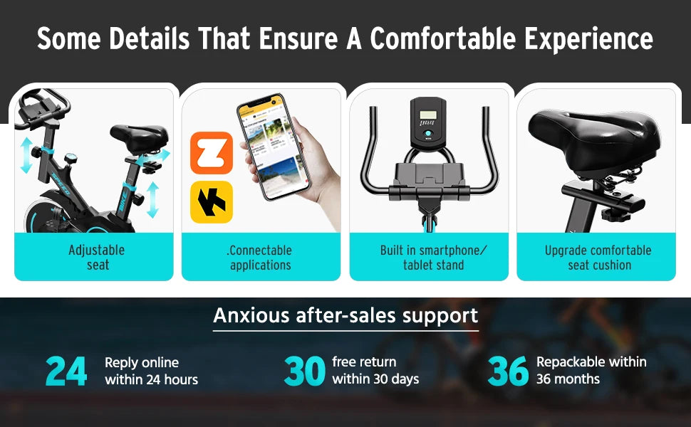 MobilityBuy.com upright spin bike with four features: adjustable seat, Zwift app connected, built-in phone/tablet stand