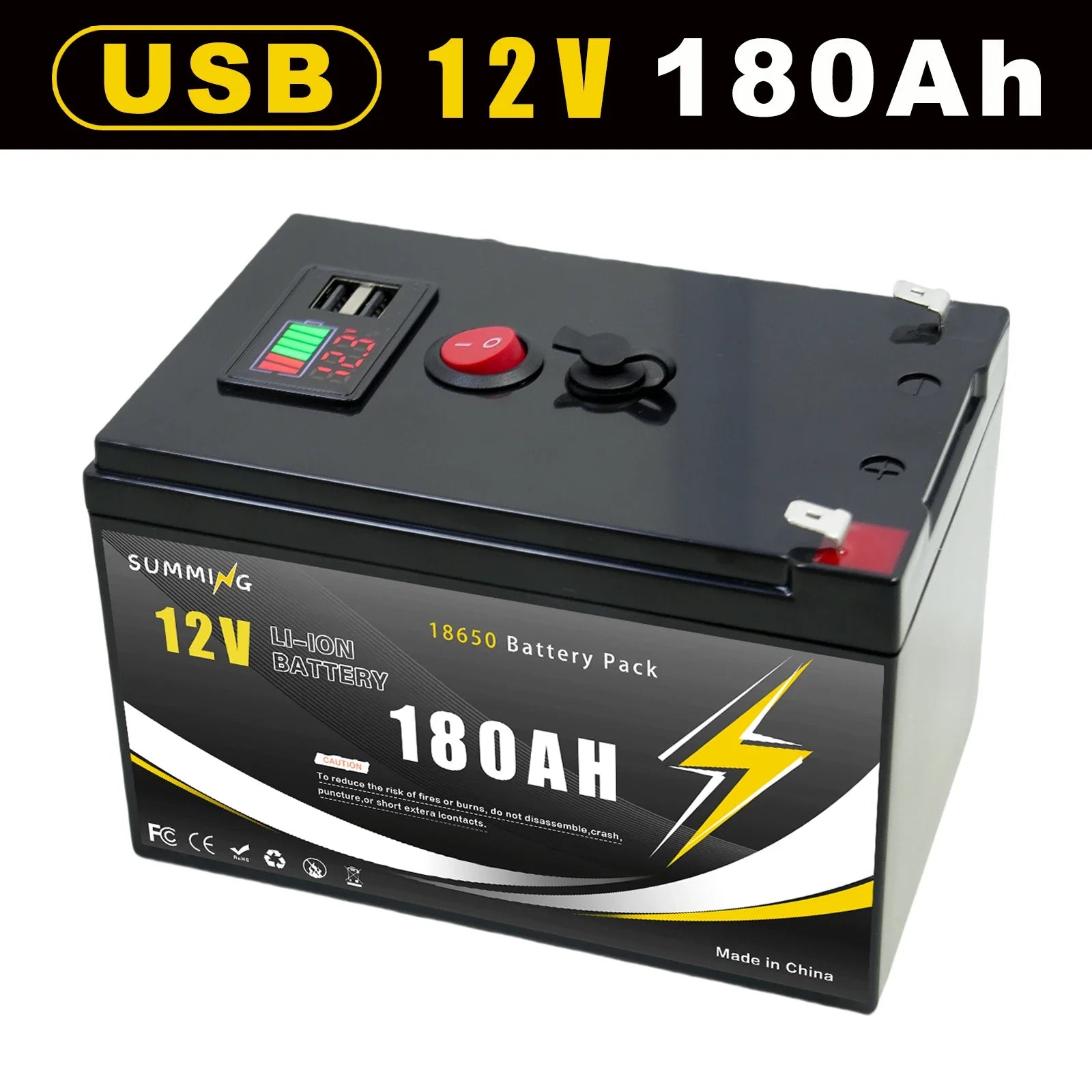 12V Lithium LiFePO4 mobility battery with USB port, compact design suitable for scooters and portable devices.