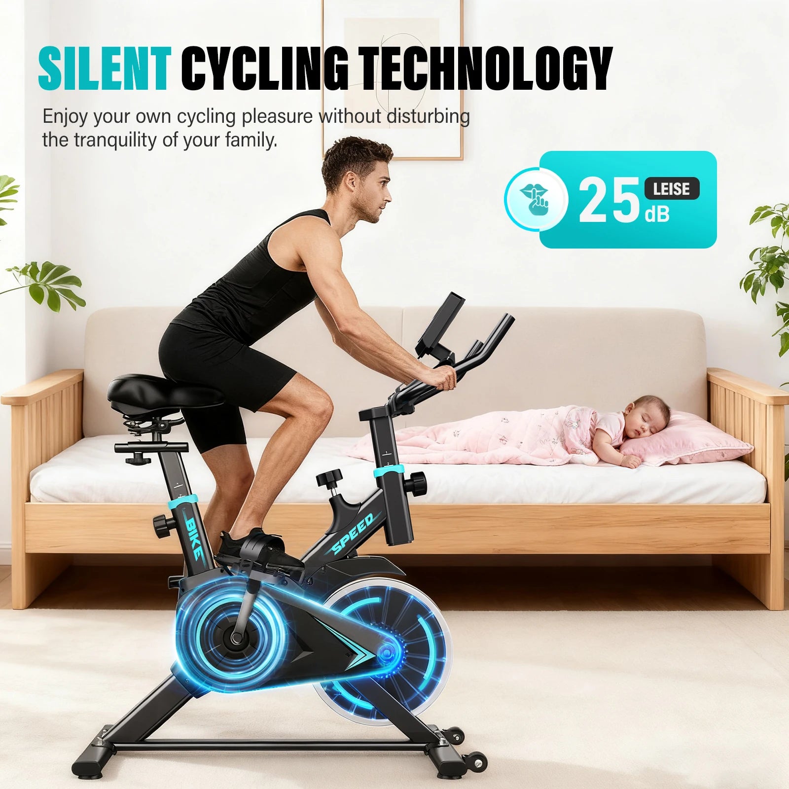 Upright spin exercise bike with blue accents and glowing flywheel in a living room