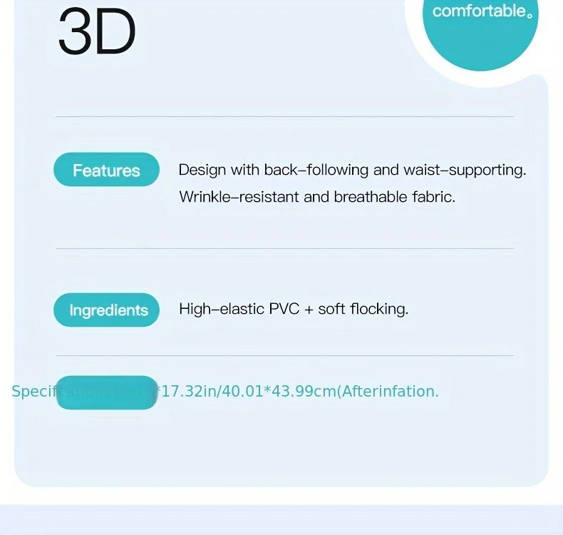 Ergonomic inflatable lumbar support pillow, press-type cushion, on light packaging with teal feature badges.