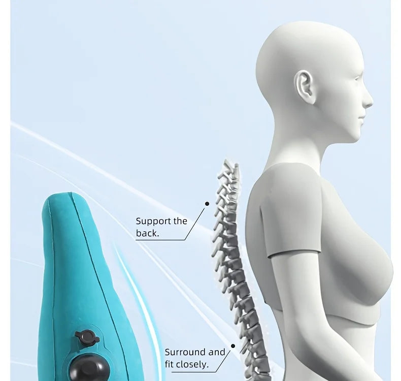 Ergonomic Inflatable Lumbar Support Pillow, turquoise press-type cushion by MobilityBuy.com for long flights back comfort