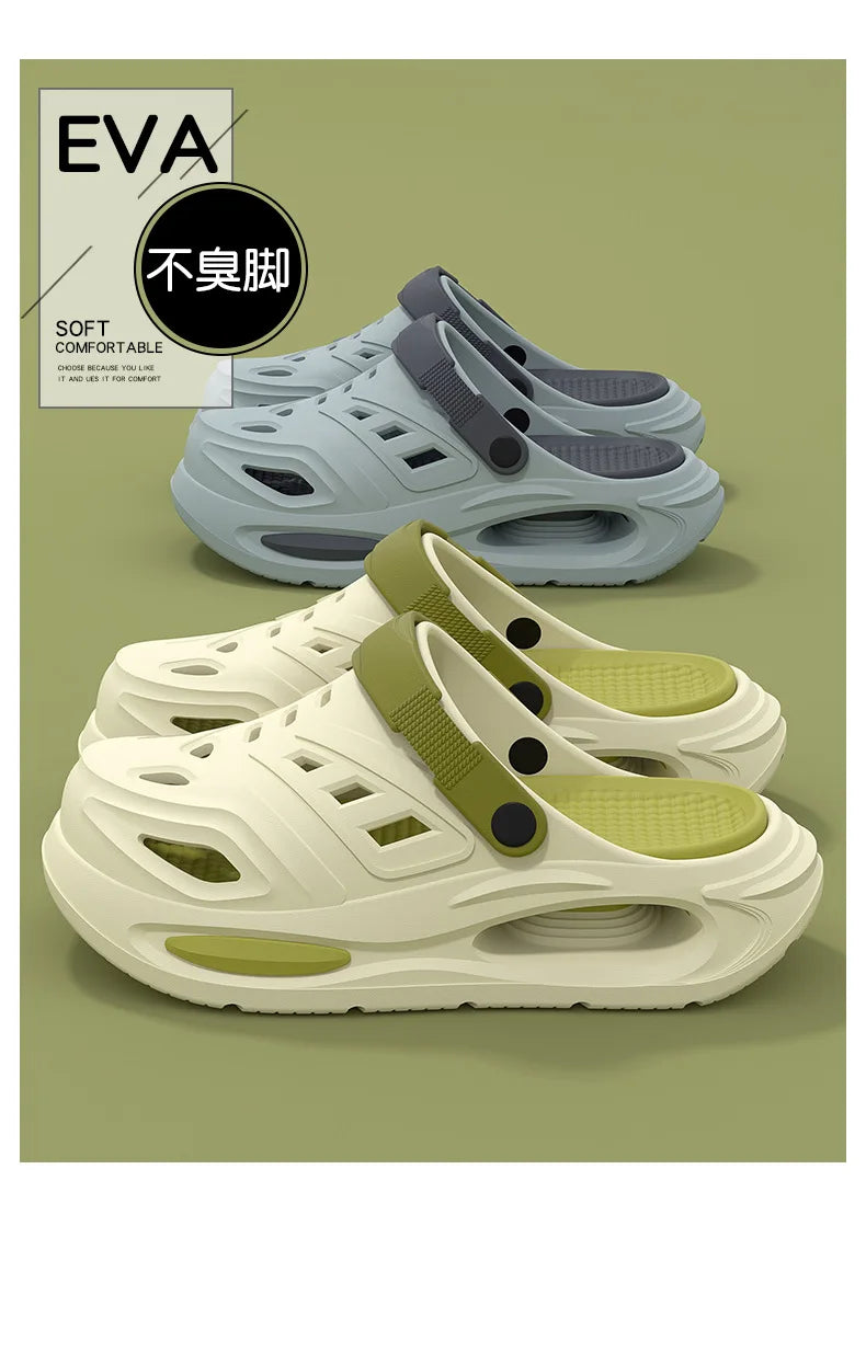 EVA slip-on clogs with arch support and anti-slip thick sole in white-green and gray-blue variants