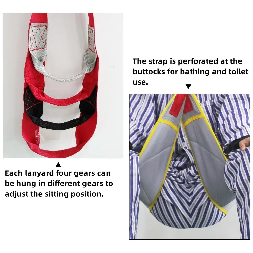 Adjustable lifting sling with assist straps for disabled patients, designed for safe mobility and support.