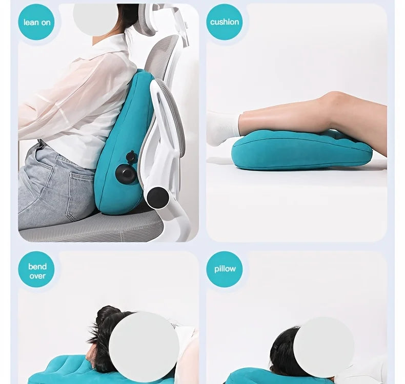 Ergonomic inflatable lumbar support pillow by MobilityBuy.com in teal blue for back comfort on flights