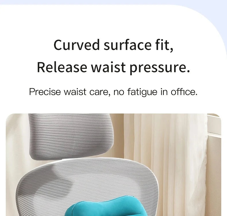 Ergonomic inflatable lumbar support pillow, blue, for airplane seats to relieve lower back pressure during long flights.
