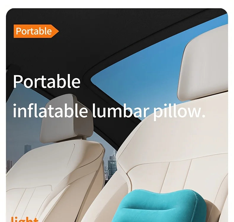 Portable inflatable lumbar pillow in turquoise for travel; press-type cushion for back comfort on flights and road trips.