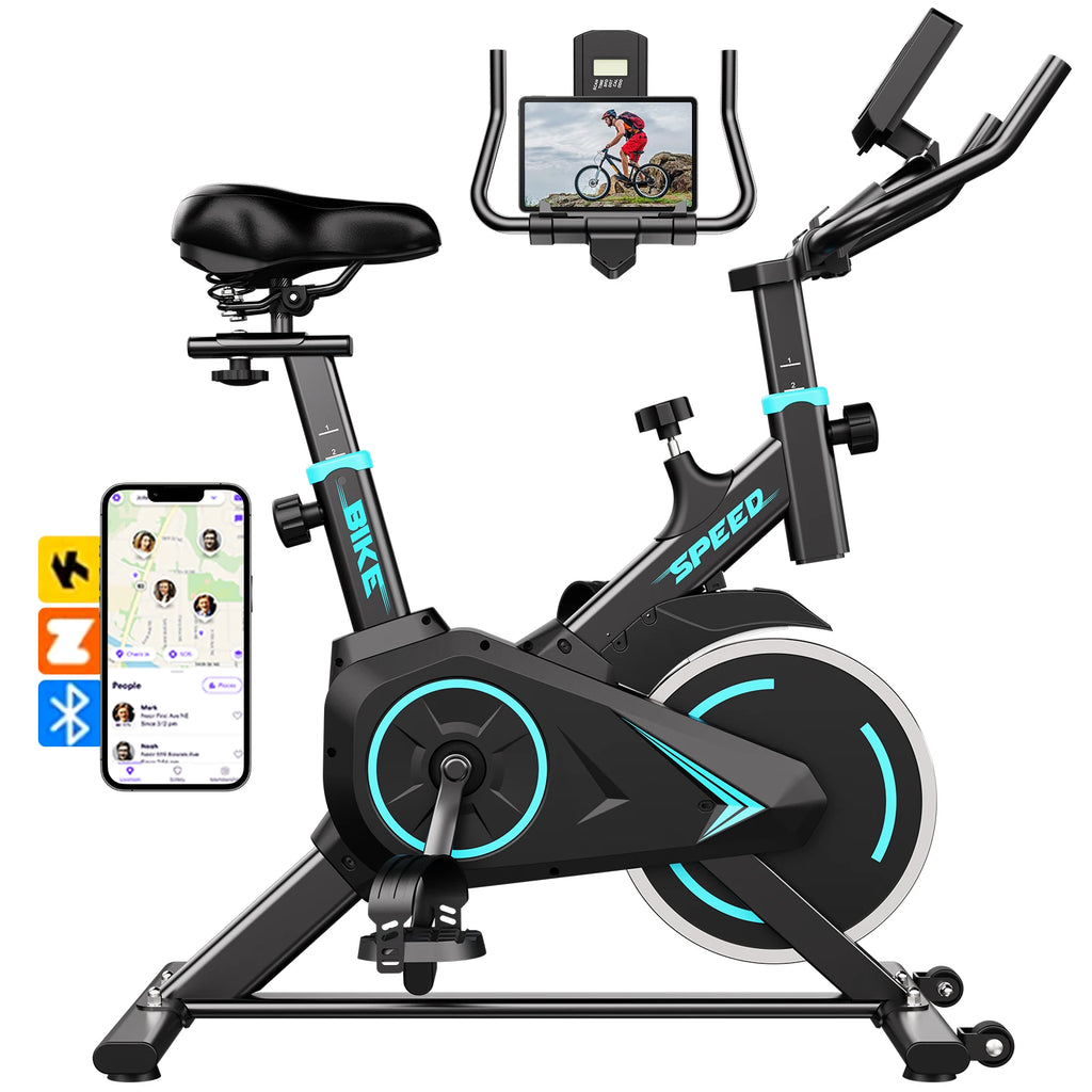 Upright spin bike with black frame and blue accents, Zwift-connected, phone mount on handlebars